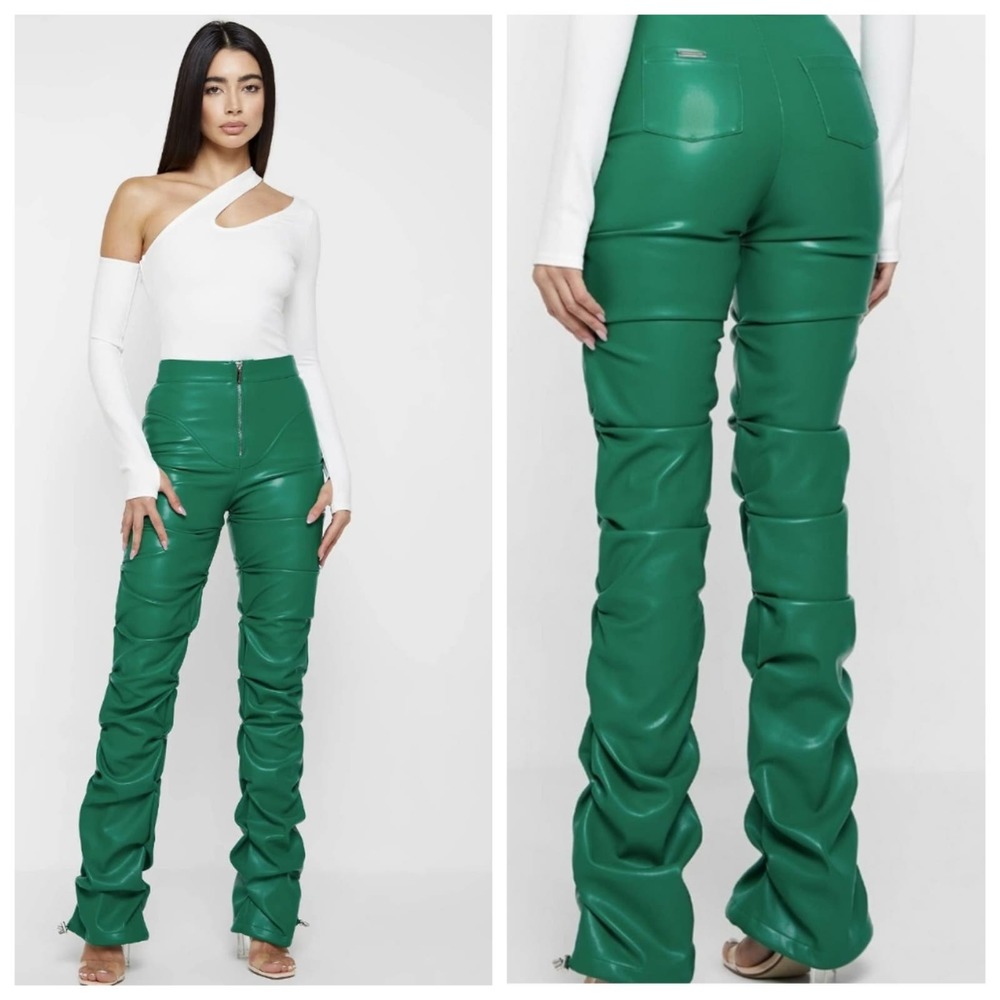 Maniere De Voir Green Faux Leather Pants